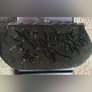 Vintage 60s Hand Beaded Evening Bag Clutch + Beaded Handle Satin Lined - Floral